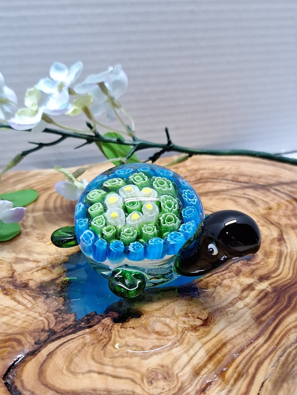 #ACQ Solid Glass Turtle Figurine with Blue and Green Millefiori Shell